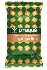 salgadinho gergelim.jpg - Salgadinho GergelimFarinha de trigo rica em ferro e ácido fólico, gordura vegetal interesterificada, gergelim, sal, leite em pó, malte, fermento biológico e fermentos químicos: bicarbonato de sódio e fosfato monocálcico.CONTÉM GLÚTEN.Porção 25 g (1/2 xícara):